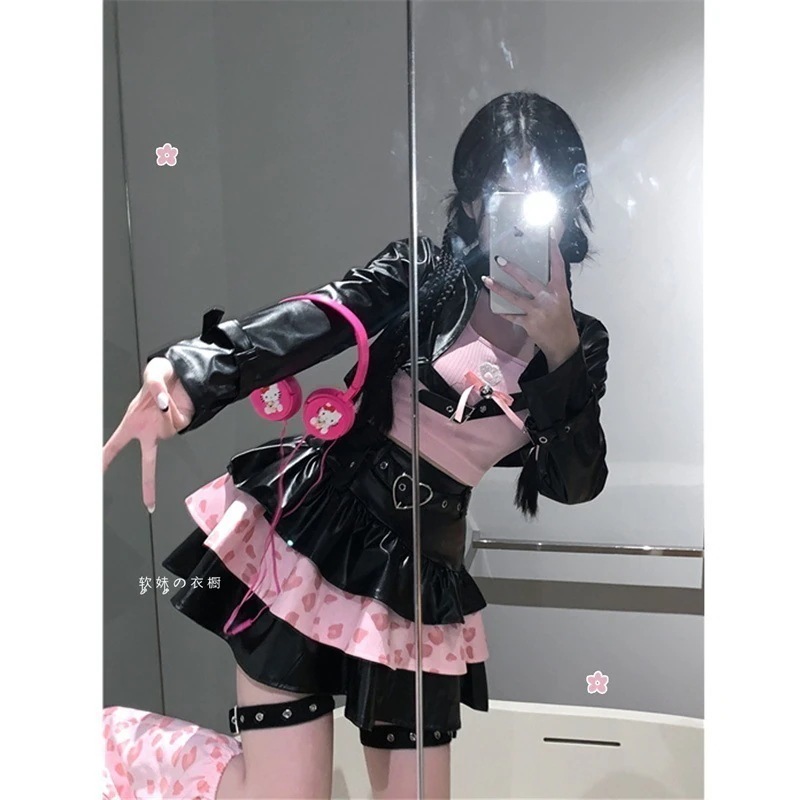 ドレス パーティードレス 地雷系 ギャルヒョウ柄パンクレザースカートデザイン感ショート丈トップス4点セットセクシードレス