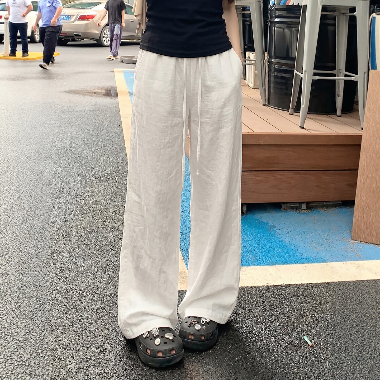 迅速出荷ホワイト 麻 ヤマモトパンツ レディース 薄手 2026 ハイウエスト 綿麻 ストレート ゆったり カジュアル ワイドパンツ