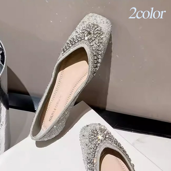 パンプス ぺたんこ ローヒール スクエアトゥ ラインストーン キラキラ フラット 歩きやすい