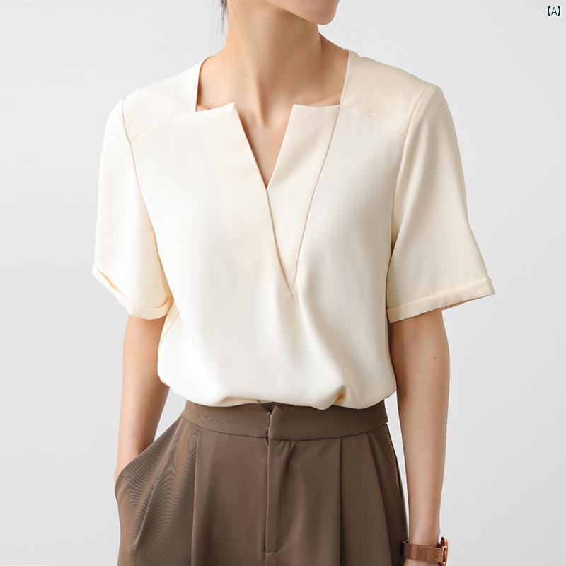 レディース ファッション　レディース　カジュアル　上品　綺麗　外出 シフォンシャツ 夏 薄手 Vネック 通勤 プロ 半袖 シャツ アプリコットカラー 高級