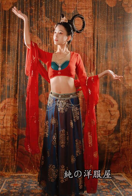 古典舞踊ダンス衣裳 チャイナ民族ダンス 衣装 飛天 天女 飄々 ダンス 衣装4点セット 5点セット 中華 エスニック 舞台衣装 ステージ衣装 中国風ベリーダンス衣装 セット 唐時代 漢服 時代劇 コス