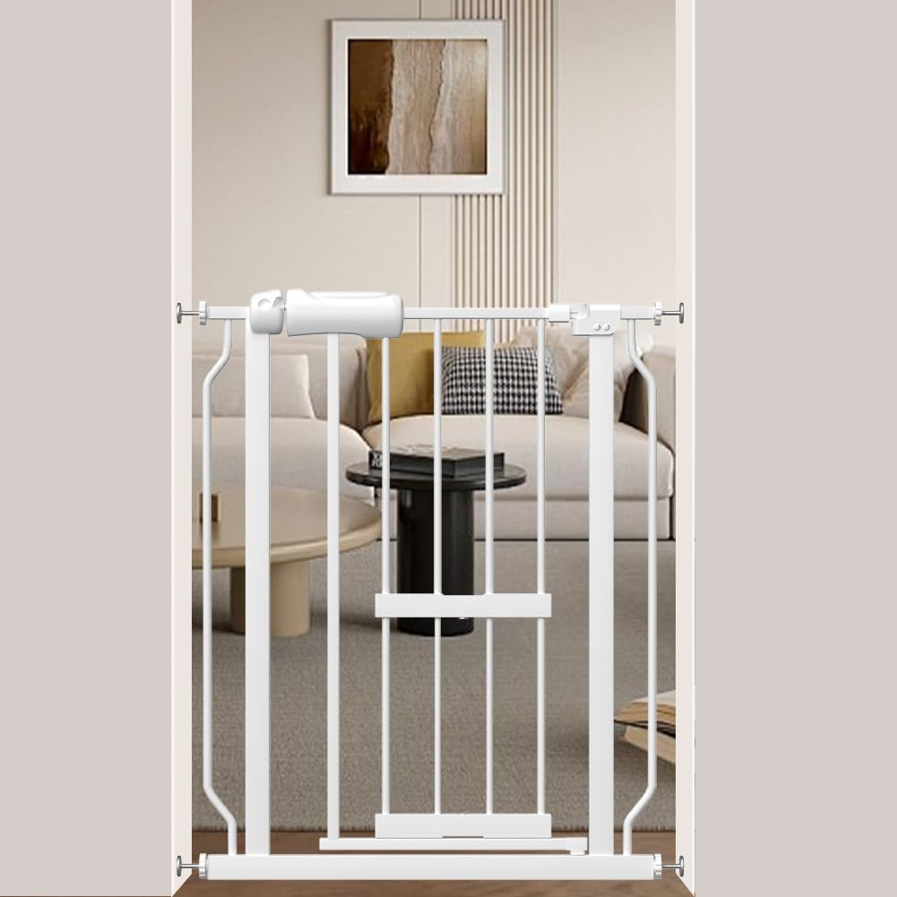 Qonimm ベビーゲート ペットゲート ペットドア付き 取付幅61-70cm オートクローズ機能 階段上 猫ドア付き 高さ78cm ロング 突っ張りタイプ ホワイト