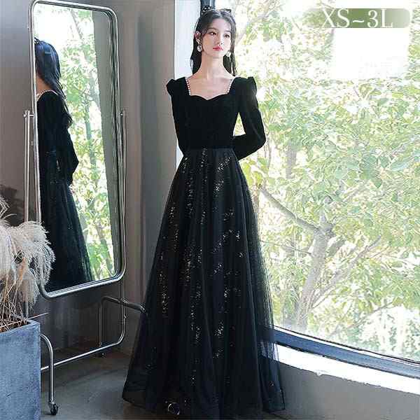 ドレス 大人 ピアノ 発表会 ロングドレス 演奏会 結婚式 母親 ピアノ発表会 黒 袖付き キラキラ ワンピース 長袖 演奏会ドレ