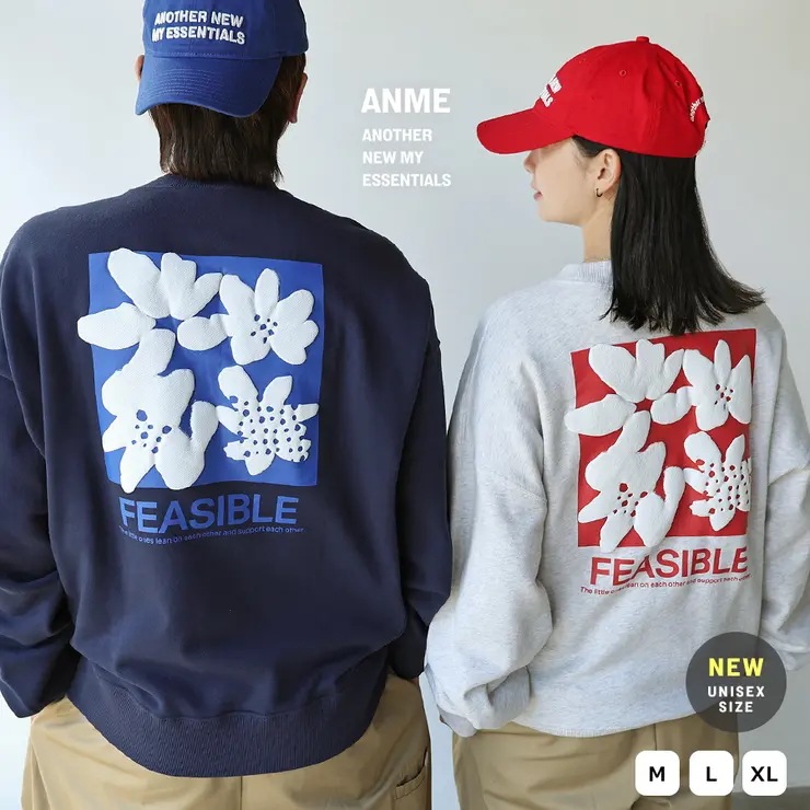 前後 ロゴ フラワー プリント 裏毛 スウェット トップス レディース メンズ 男女兼用 ユニセックス ノームコア トレーナー 長袖 オーバーサイズ 体型カバー ゆったり 花柄 ロゴtシャツ カジュア