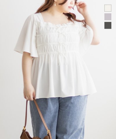 大きいサイズ レディース LL 3L 4L XL XXL XXXL CLETTEオリジナルギャザーリボンデザインブラウス