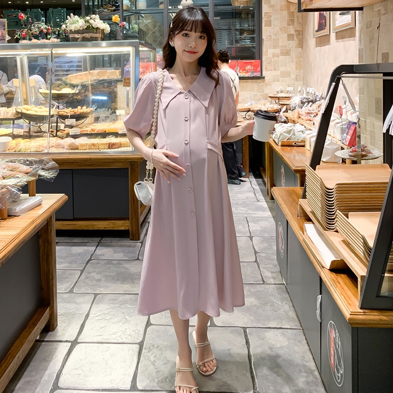 【日本未発売/送料無料】マタニティ ワンピース Vネック パフスリーブ シャツ バックリボン