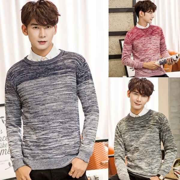 ニットセーター　メンズ　裏起毛　クルーネック　ミックスニット　厚手ニット　防寒　長袖　定番ニット　ファッション　秋冬ニット　シンプル　学院風ニット