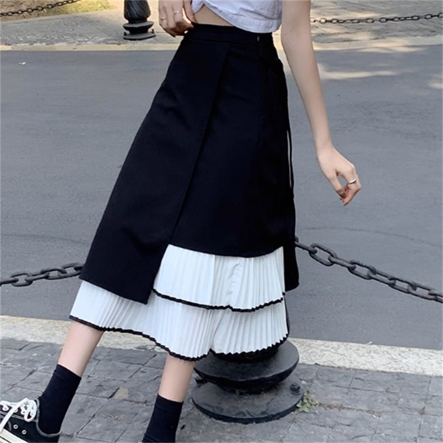 スカート ロングスカート ロング ミモレ丈 フレア Aライン プリーツ バイカラー シンプル 透け感 シースルー 異素材ドッキング ドッキング 薄手 かわいい 大人可愛い きれいめ