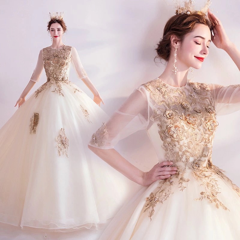 カラードレス 袖あり 前撮りドレス 半袖 演奏会用ドレス 編み上げタイプ ステージ 衣装 無地 ロングドレス きれいめ 花嫁 プリンセスラインドレス 結婚式 パーティードレス フォーマルドレス 二次会