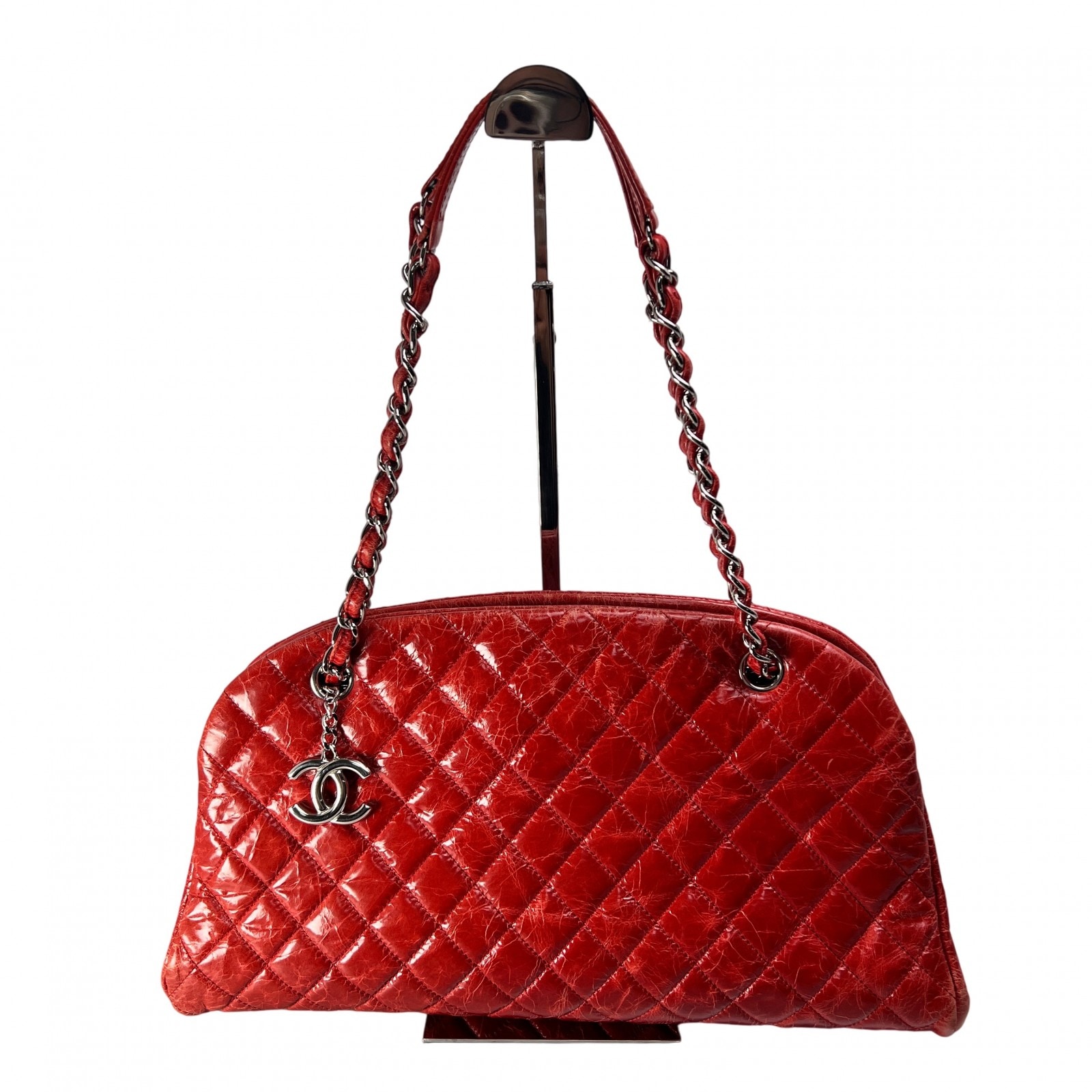 CHANEL シャネル ココマーク マドモアゼルボーリング レザー ハンドバッグ 赤 A-13747