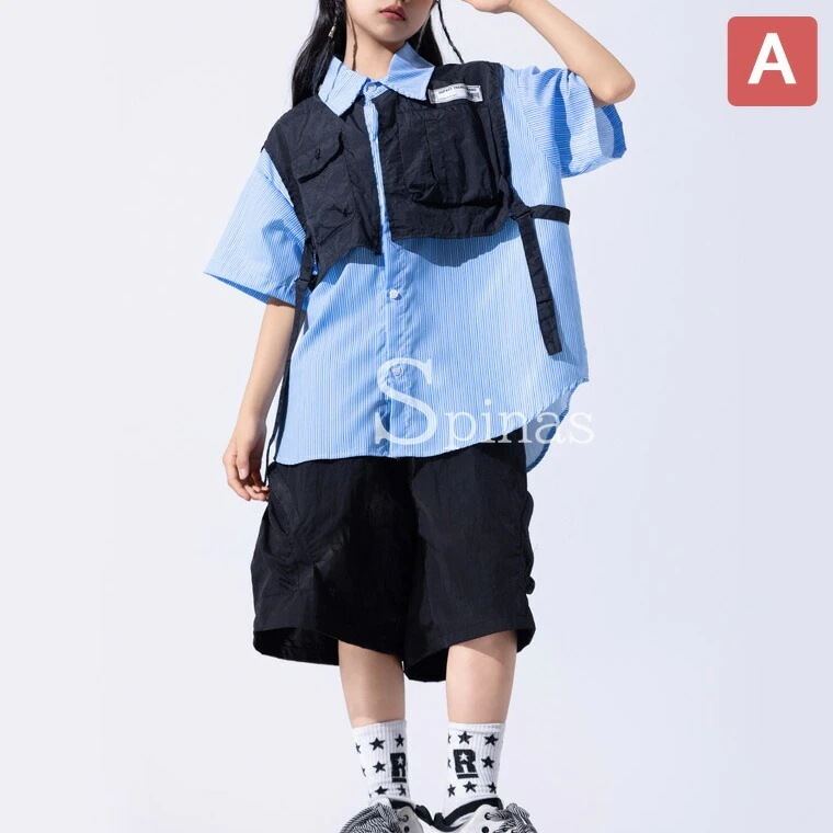 新入庫 キッズダンス衣装 上下セット セットアップ ヒップホップ シャツ ダンス衣装 セットアップ 黒パンツ ゆるシャツ ゆったり キッズダンス衣装 男の子 女の子 k-pop 衣装 韓国 練習着 H