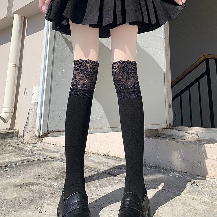 ソックス 白色蕾丝花边小腿袜女洛丽塔中长筒过膝袜配高筒靴甜美大腿堆堆袜