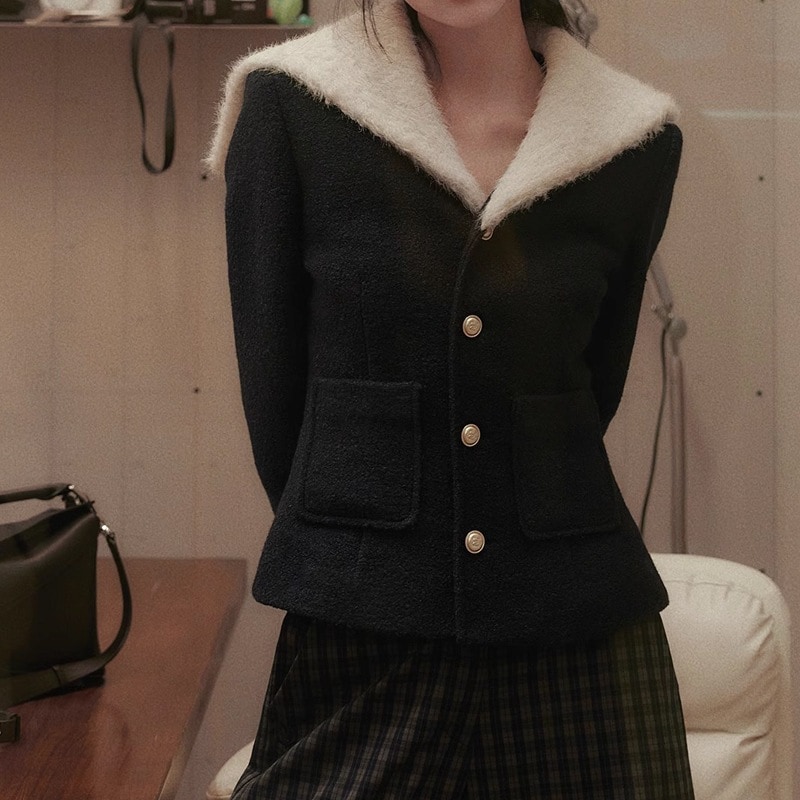 小香風ウールジャケットネイビーネックデザインジャケット保温収納ウエストトップスで痩せ見え 7,243円