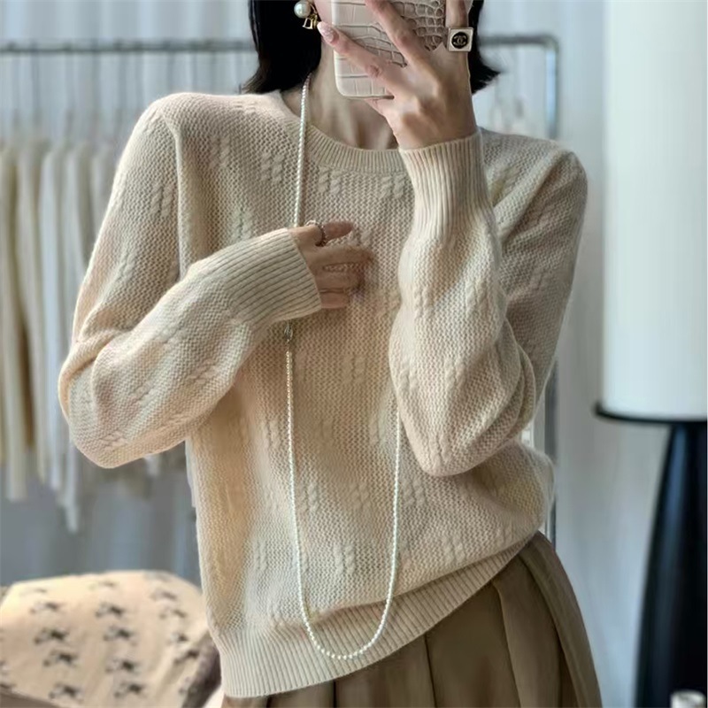 ダイヤモンド柄ウールニットセーターラウンドネック透かし彫りプルオーバーセーターレディースゆったり無地ウールセーター長袖ニットベースレイヤー