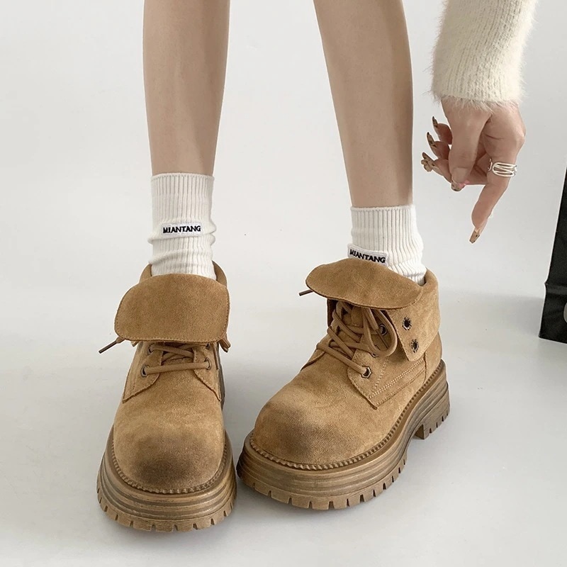 韓国ファッション レディースショートブーツ 高いチャンキーヒール厚底 ショートブーツ