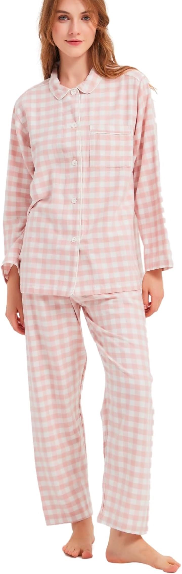 パジャマ レディース コットンフランネル 春 秋 薄手 前開き 長袖 おしゃれ シンプル 寝巻き パジャマセット 上下セット レディースパジャマ 綿( ピンク/ホワイト, 2XL)