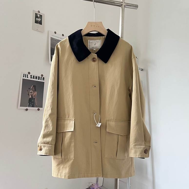 2色 ジャケット アウター バイカラー 薄手 トレンチ風 ステンカラー 上着 アウター べっ甲ボタン 大人可愛い きれいめ シンプル 上品 おしゃれ お洒落 かっこいい こなれ感 クール レディース