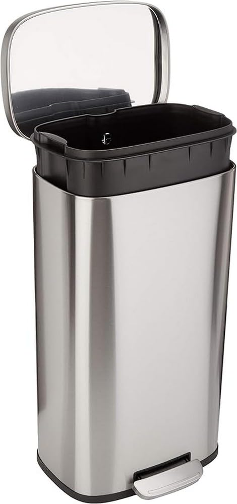 Amazonベーシック ゴミ箱 30L(30リットル) ソフトクローズ 静音 ふた付き ペダル付き スチール製 サテンニッケル おしゃれ 長方形