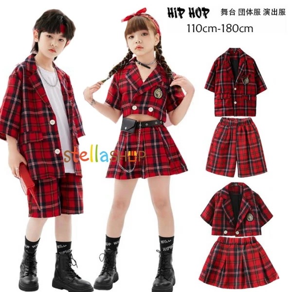 毎日使いたい！キッズダンス衣装 ヒップホップ 団体服 練習着 応援団 原宿系 トップス チアガール 男の子（ブレザー+ショーツ）女の子（ブレザー+スカート）子供ダンス衣装 ダンスウェア チェック柄 レ