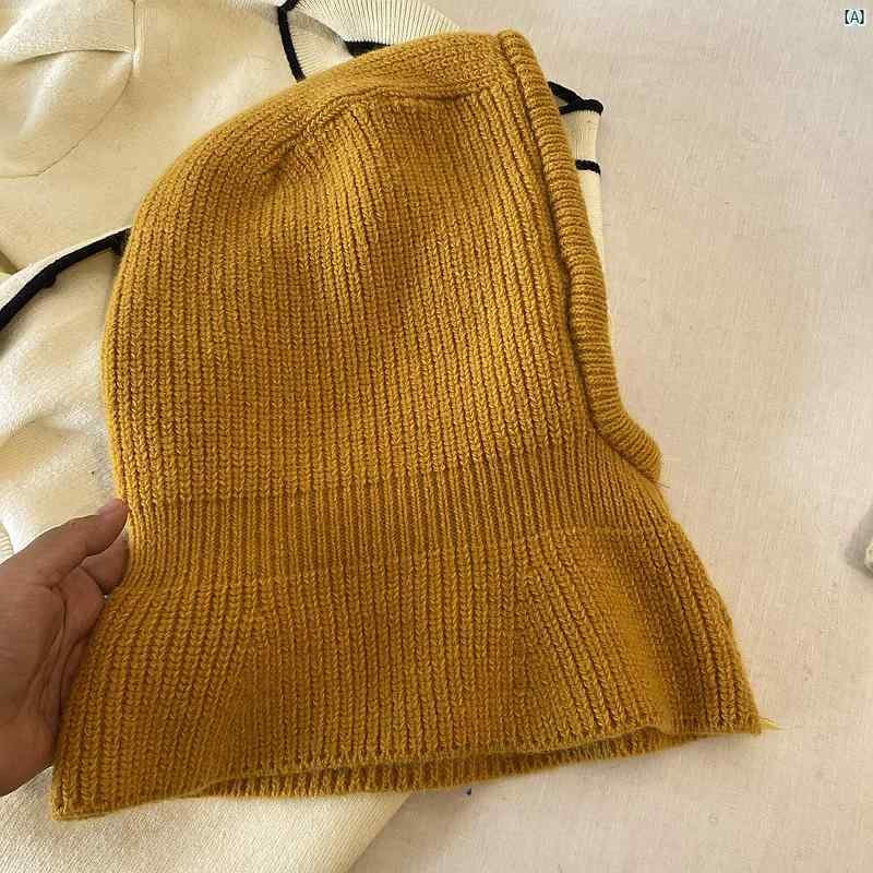 レディース　ファッション バラクラバ ベージュ ニット 帽 耳保護 帽子 暖かい ウール 無地 2 役 スカーフ 韓国 冬