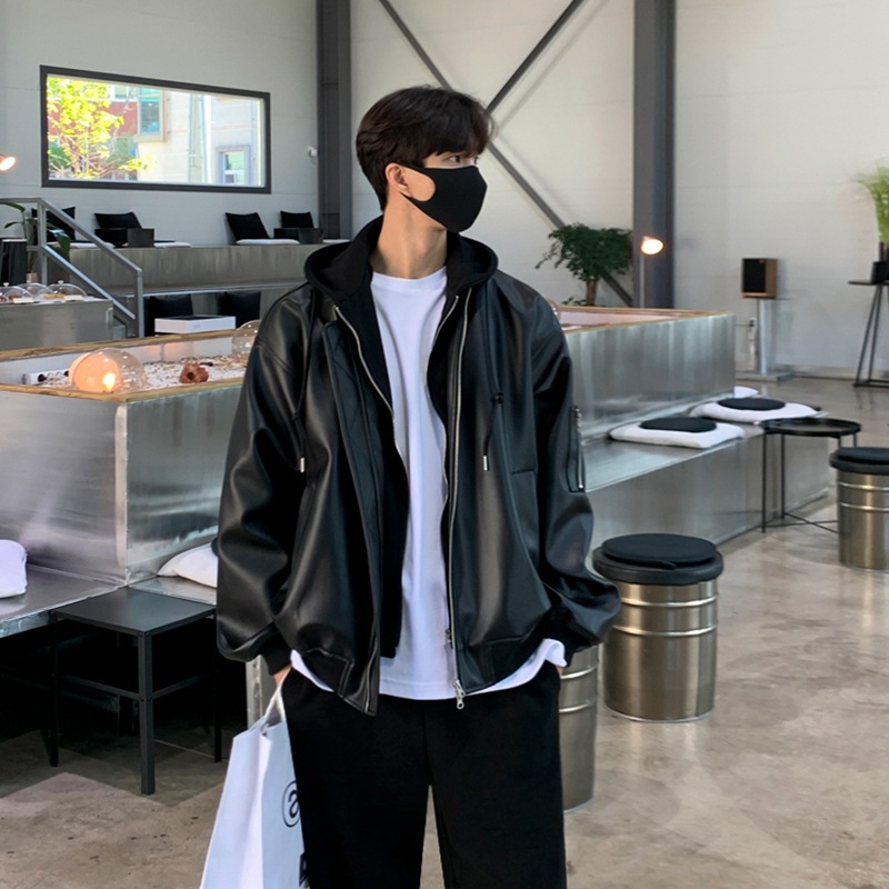 革のジャケットの男性の新しい偽の2つの部分の接続のフード付きのジャケットの韓国の緩い潮の仕事着 レザージャケット