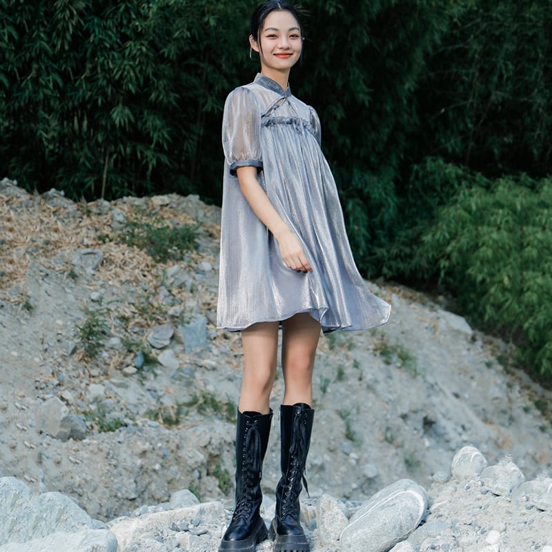 パフスリーブワンピース レディース ラメ入りオーガンジー ミニワンピース 夏 半袖 グレー 可愛い改良チャイナドレス