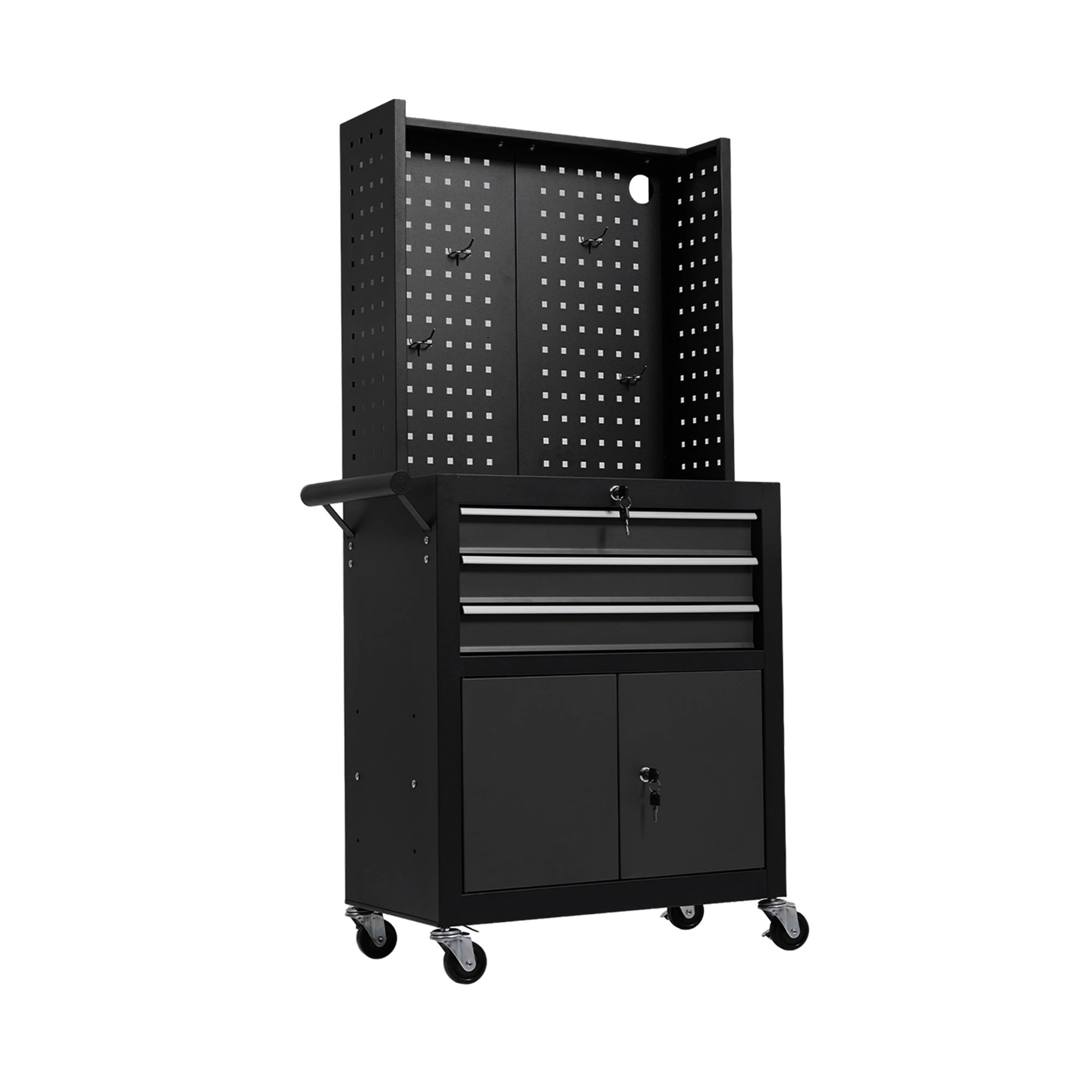 656ツールキャビネット 多機能 ツールワゴン ツールカート工具カート ロールキャビネット スチール ローラーキャビネット ハンドル 耐荷重50KG フック付 DIY 引き出し 有孔ボード付き 鍵付き