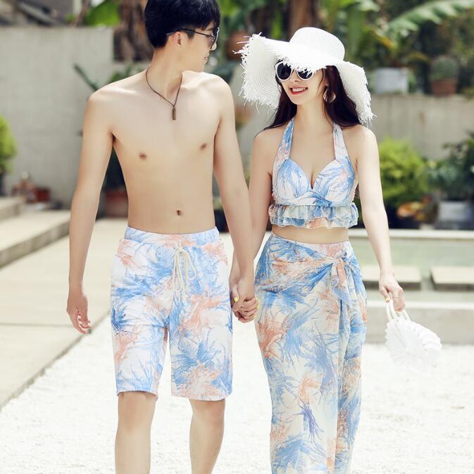 【送料無料】男女セット 水着 タンキニ お揃い ビーチ水着 ビーチパンツ 4点セット 花柄 セパレート メンズ水着 レディース水着 カップル ビキニ ペア水着 セットアップ ママ水着 ペアルック みず