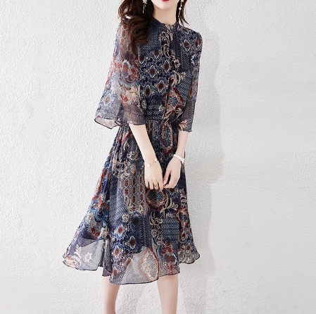 シフォンワンピース 膝丈ワンピース 膝上ワンピース 3種類 トップス ブラウス カットソー 袖あり 5分袖 五分袖 Uネック ラウンドネック Aライン シフォン 薄手 快適 着心地 大人可愛い