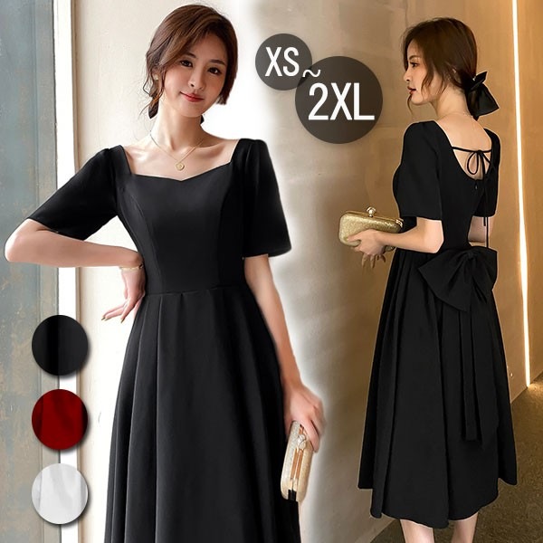 ドレス ミモレ丈 大人 ピアノ 発表会 ドレス ミディアムドレス 袖あり 背中開き スクエアネック サテン パーディードレス Aライン 後ろリボン フォーマル 小さいサイズ ファスナー 可愛い 女子 7,635円