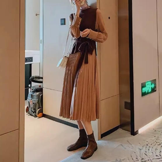 レディース ワンピース ベスト 2点セット 膝下 長袖 ハイネック 襟付き Aライン フェミニン プリーツ ウエストマーク ウエストリボン ウール 大人可愛い きれいめ シンプル カジュアル 上品