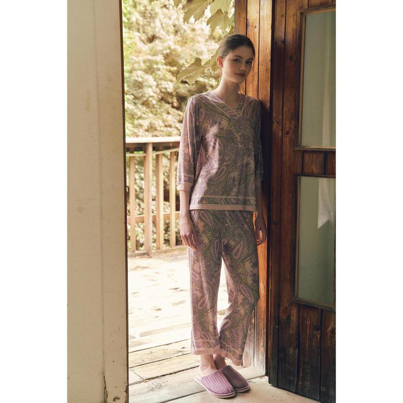 ペイズリーボーダー捺染女性トップスとボトムスレディース室内着VEVSG
