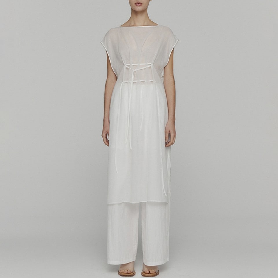 SHEER DRAWSTRING DRESS_WHITE
