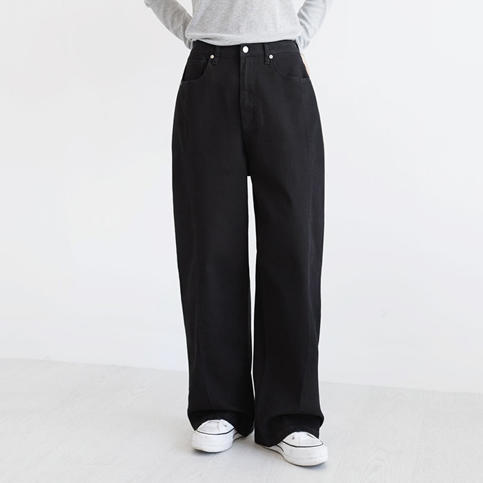 [韓国ファッション] ブラック カーブド スリット ライン ワイド コットン パンツ