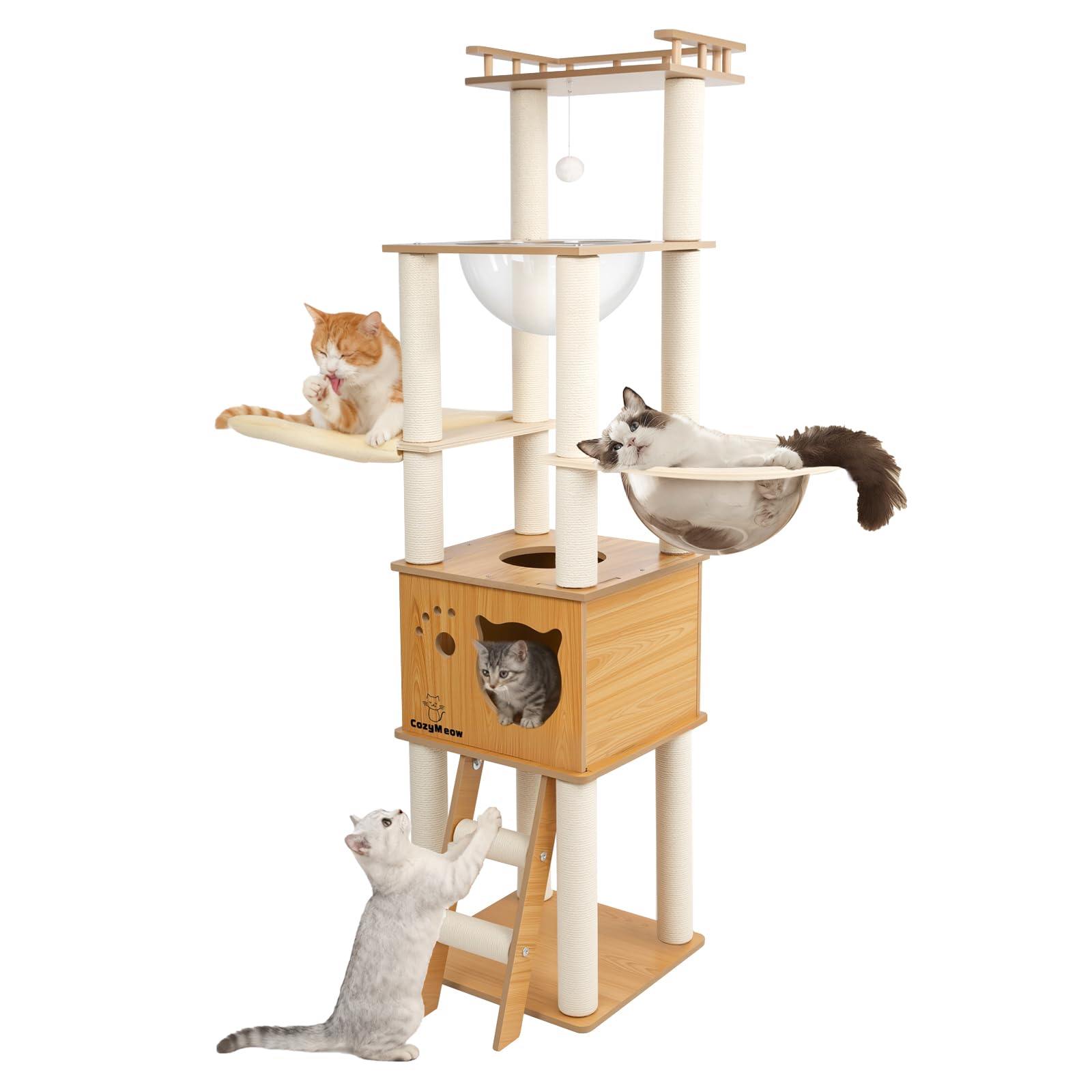 CozyMeow キャットタワー 木製 据え置き スリム 宇宙船 厚さを増した板材 大型猫用 猫タワー 多頭飼い キャットハウス 爪とぎ キャットウォーク 人気 きゃつとタワー シニア ねこ おしゃれ