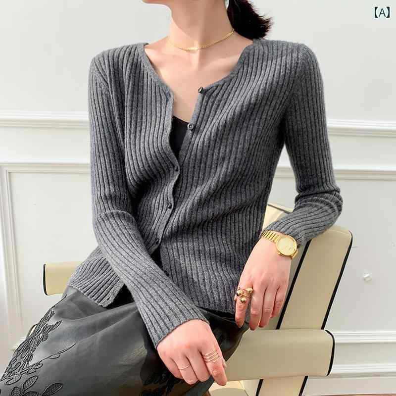 ニット レディース おしゃれ カーディガン カジュアル 春秋 ウール スリム フィット Vネック イエロー ブラック キャメル