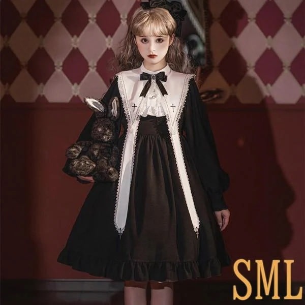 即納 クラロリ ゴシックロリィタ ゴスロリ ロリータ 上下セット メイド服 エプロン コスプレ衣装 ロング ショート ブラウス コスチューム 長袖