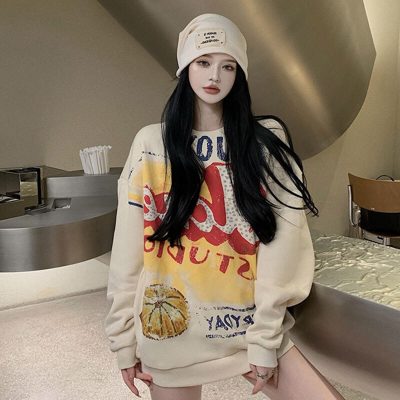 トップス レディース スウェット プルオーバー プリント 長袖 ラウンドネック ドロップショルダー トレーナー オーバーサイズ ビッグシルエット カジュアル シンプル ストリートファッション