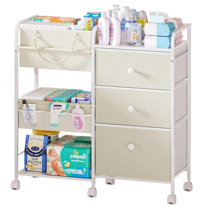 ワゴン 収納カート ベビー用品収納 キャスター付き 3段引き出し付き 82×29×85cm 取っ手付きバスケット付属 ベビー部屋 寝室用 ベージュ (ベージュ)