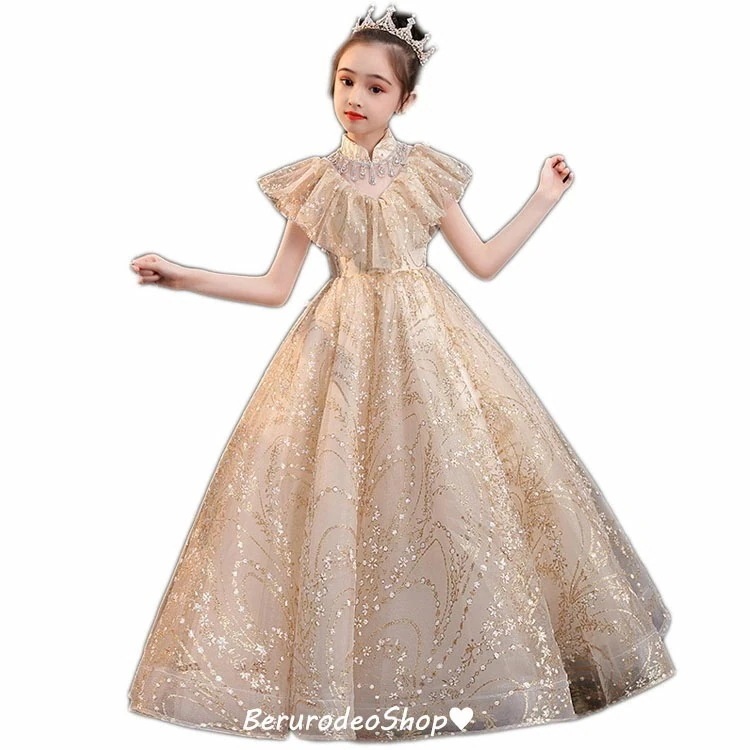 子供ドレス シャンパン色 スパンコール キラキラ ピアノ発表会ドレス ロングドレス 演奏会ドレス 女児ドレス 女の子ドレス キッズドレス フォーマル 100 110 120 130 140 150 1