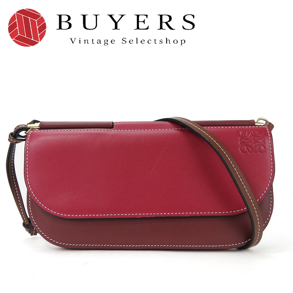 【中古】 ロエベ ショルダーバッグ ウォレット 長財布 ゲート 斜め掛け アナグラム レザー 革 ボルドー系 レッド系 普段使い ロング ポシェット 小物 レディース 女性 LOEWE shoulde