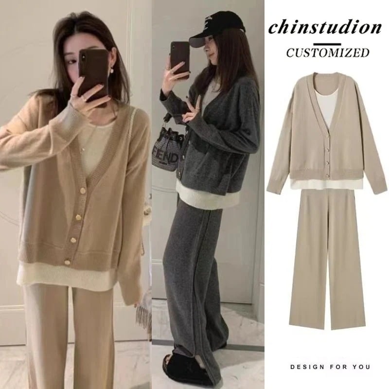 2枚購入で 2oo円FF!人気なリプニット 二点セット 新作 フェイクレイヤード セーター ニット 上下セット レディースセットアップ ニット アウター