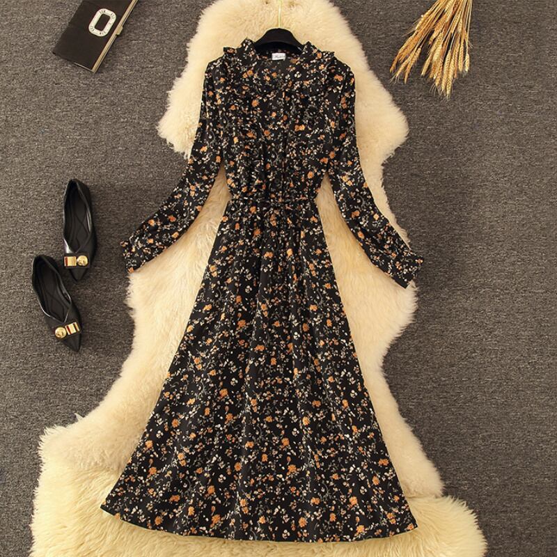 レディース ワンピース 花柄 ブラック ゆったり 秋冬 秋 冬 ニュアンスカラー 113
