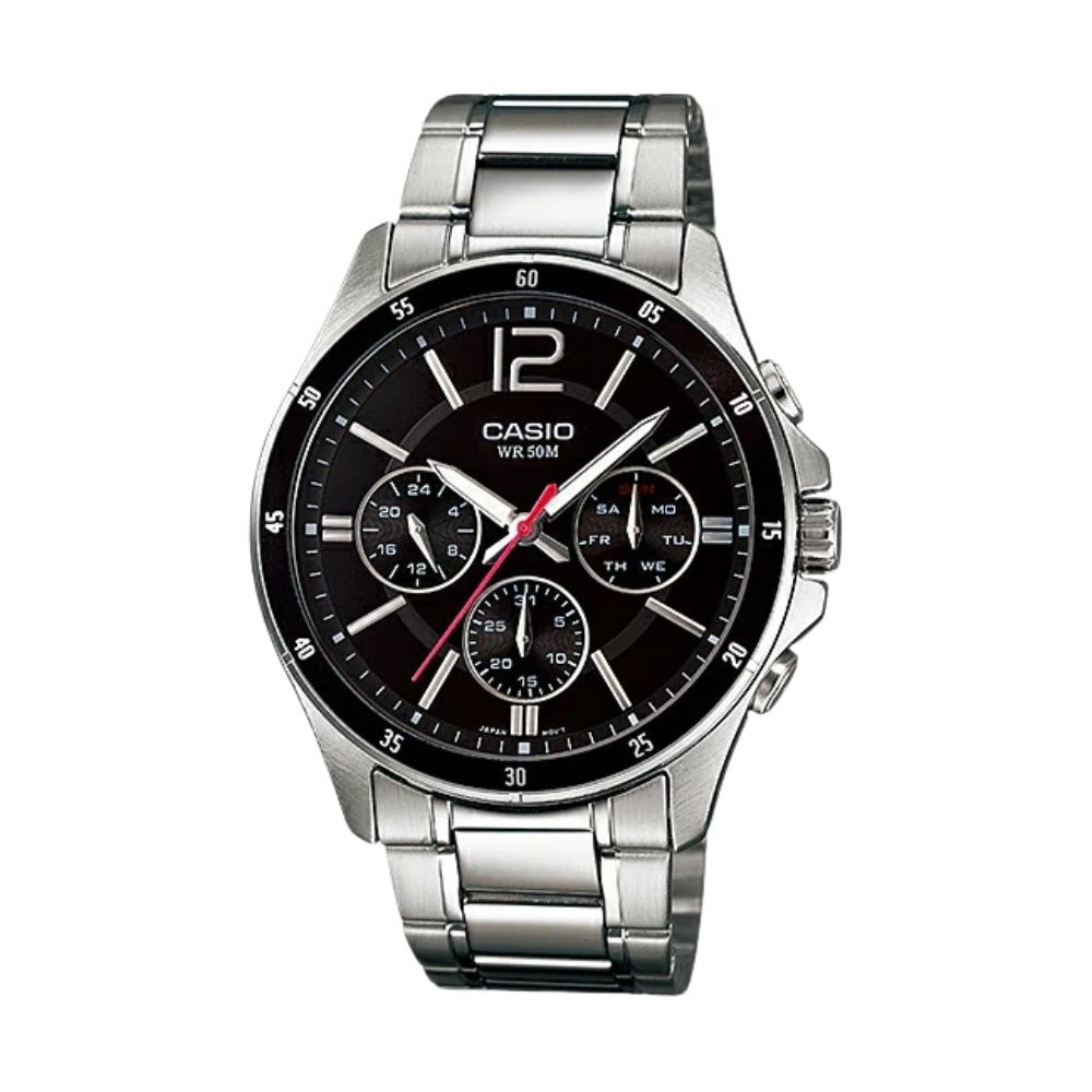 カシオ 腕時計 手表 メンズ アナログ 時計 ブラック文字盤 シルバー ステンレス ベルト クラシック 多機能 デザイン シンプル 使いやすい おしゃれ かっこいい 大人 スーツ ビジネス カジュアル