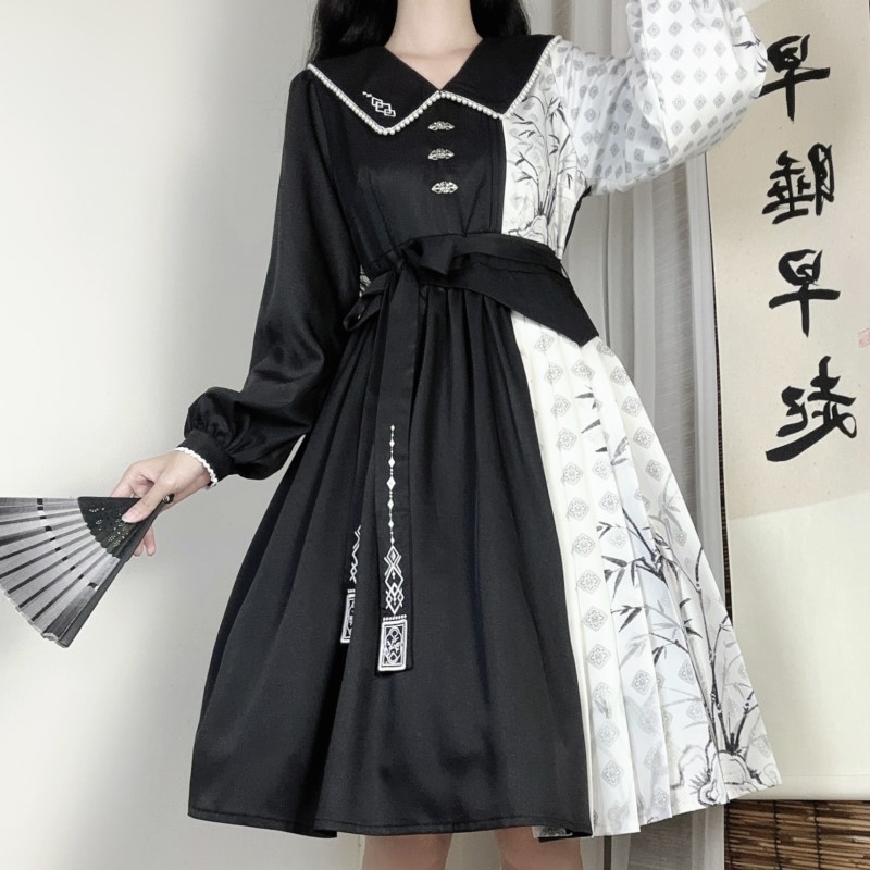 正規品デザイン墨竹白黒色合わせlolitacos要素新韓国ワンピース