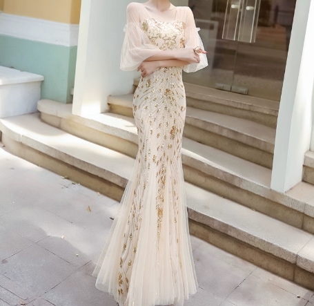 ボリューム袖 ロングドレス パーティードレス 結婚式ドレス 二次会 披露宴ドレス マーメイドライン ロング丈 スリット 細身 きれいめ 上品 おしゃれ エレガント モダン 華やか 主役級 存在感