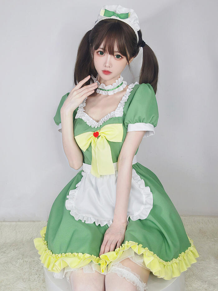 【急速出荷】メイド服 セット ロリィタ ワンピース カチューシャ エプロン コスプレ 清楚 かわいい ライトグリーン ロリータ 甘ロリ コスチューム ミニワンピース カフェ 制服 クリスマス イベント