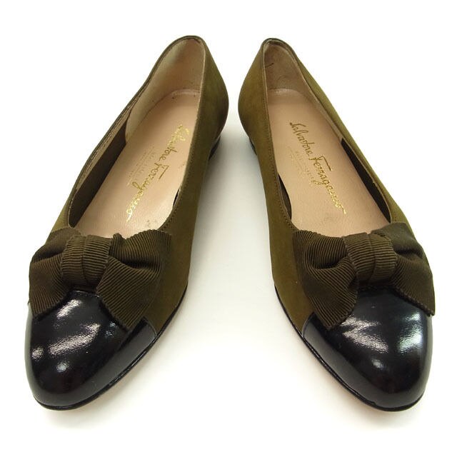 パンプス /シューズ/靴 リボン付き /（51/2C） カーキ ブラック 中古