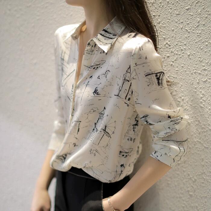 長袖 上品 通勤 可愛い かっこいい シャツ ス レディース 40代 ホワイト プリント エレガント 絵画 カジュアル 大人 白 ナチュラル オフィス 50代 フェミニン シフォン ベージュ 20代