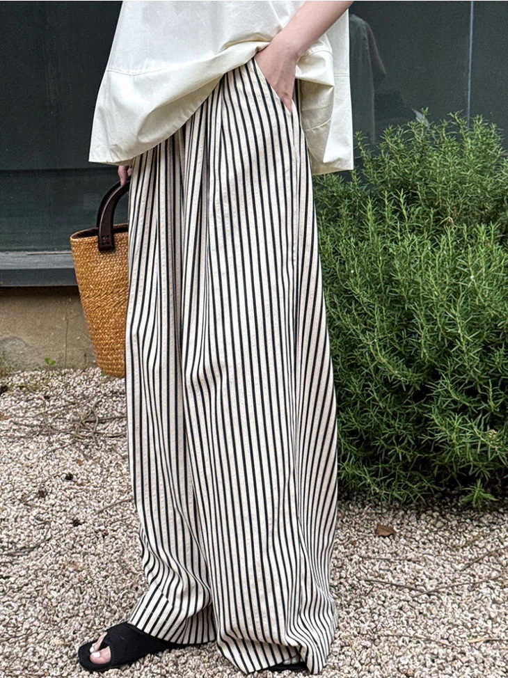 【急速出荷!】ストライプ ワイドパンツ レディース 春 夏 ワイドレッグ ボトムス ウエストゴム ゆったり リラックス カジュアル 部屋着 ウェア お出掛け ワイド ロングパンツ 韓国ファッション 5,333円